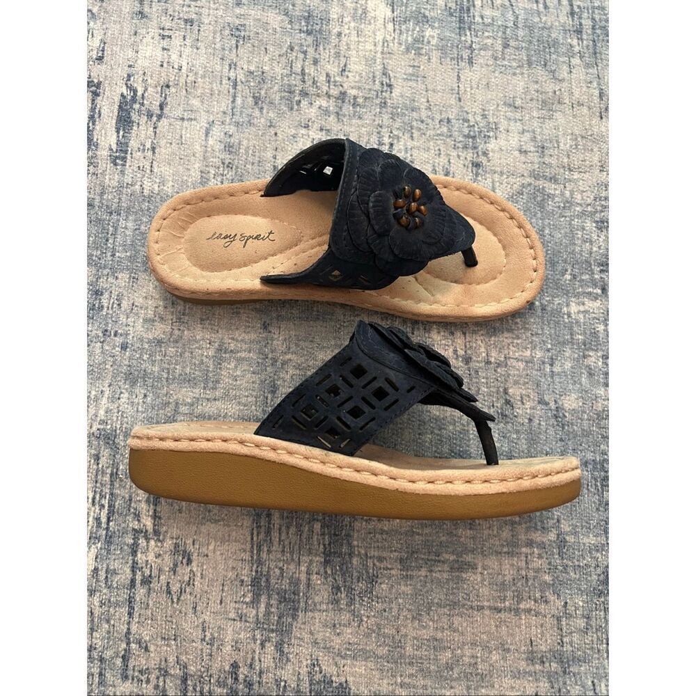 Easy Spirit Blue Tan Dreamful Floral Leather Beaded Sandals Size 7 Wide